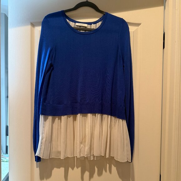 Sandro | Wool/Acrylic + Pleated Chiffon Sweater | Royal Blue/White | Size: 3/L - Picture 1 of 16